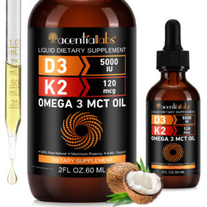 Acentiallabs Vitamin D3 K2 Supplement Drops Coconut Oil Liquid Drops Supports Cardiovascular Health Halal Vitamin D3 and K2 Drop